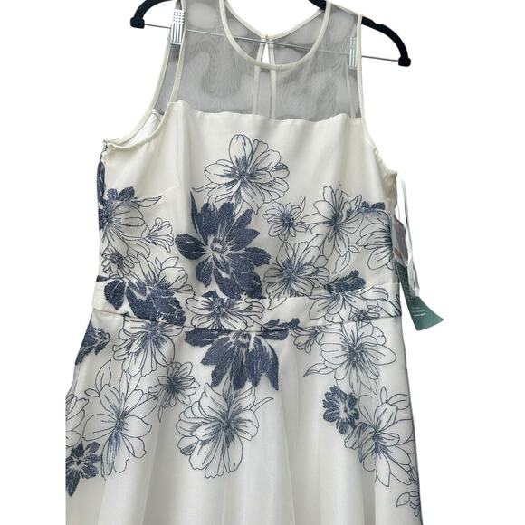 J Taylor white mesh embroidered blue flowers midi fit & flare dress. Size-12 - Picture 2 of 7